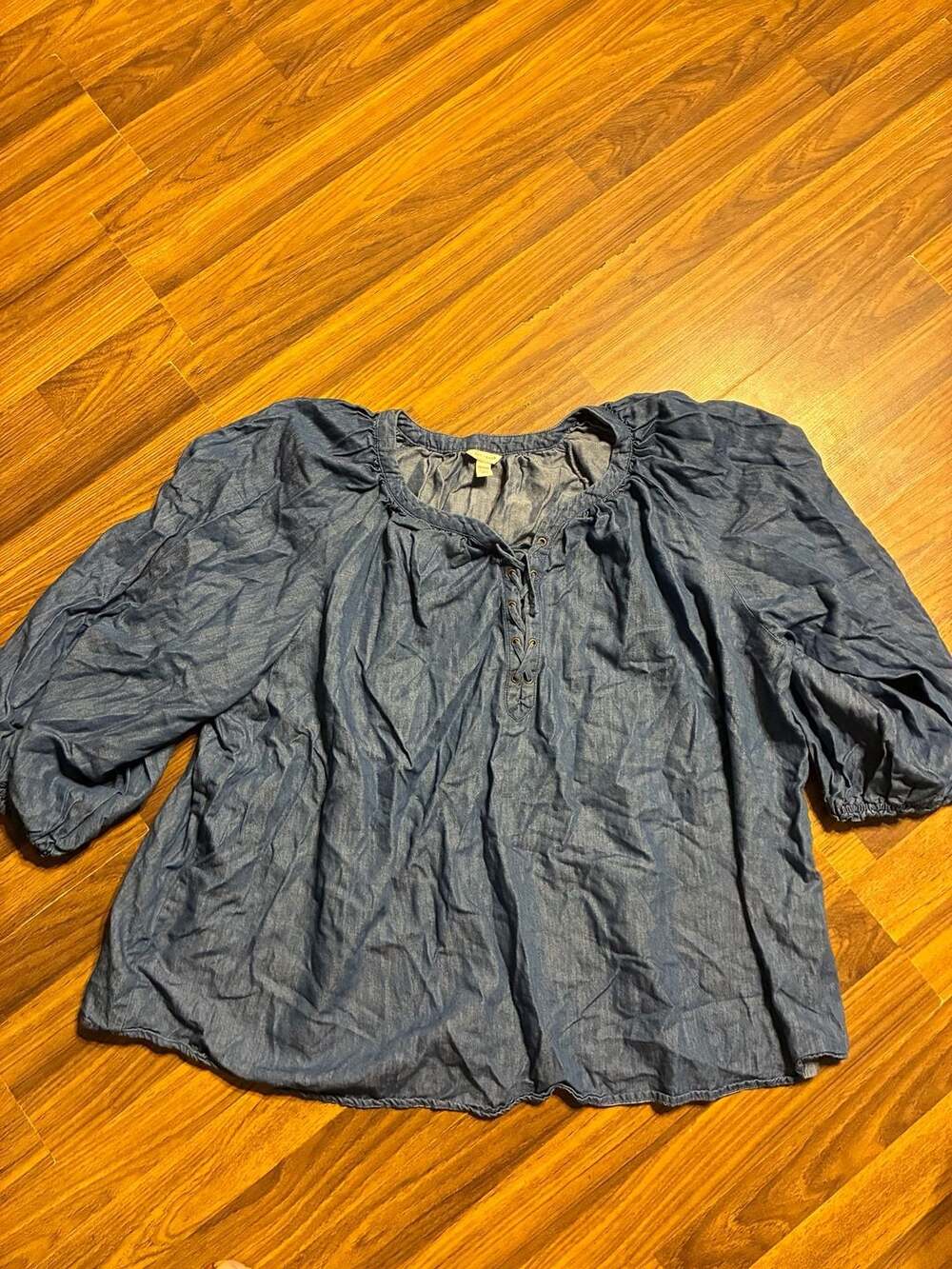 Est. 1946 Denim Lace-Up Puff Sleeve Blouse